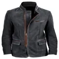 Detail view of a vintage men's jacket with stand-up collar and leather trim elements - S / Tops / Dark Gray