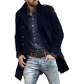 Elegant navy blue mid-length wool overcoat for men with stylish stand collar and buttons. - Navy Blue