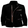 Detailed close-up view of men's vintage black casual jacket with stand collar and zipper - S / Tops / Black