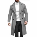Abrigo de lana gris para hombre, cruzado, diseño casual de negocios de largo medio - Gris