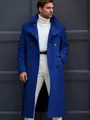 Front view of a men's long double-breasted blue wool trench coat with large lapels - Blue
