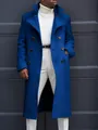 Front view of a men's long double-breasted blue wool trench coat with large lapels - Blue