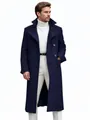 Navy blue slim fit men's double-breasted wool overcoat for autumn and winter wear - Navy Blue