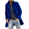 Detailed view of a men's bright blue mid-length wool overcoat featuring a stand collar - Blue