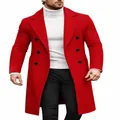 Close-up of men's red double-breasted wool coat with notch lapels and classic buttons. - Red