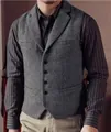 Classic grey herringbone pattern men's waistcoat vest featuring a lapel and single-breasted design - S / Tops / Gray