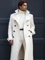 Elegant white double-breasted woolen overcoat for men in a slim-fit winter style. - S / White