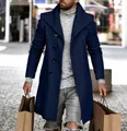 Men's royal blue mid-length wool coat with large lapel and single-breasted design - S / Tops / Blue