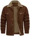 Close-up of men's brown corduroy jacket featuring warm fleece lining and metal buttons - S / Tops / Camel