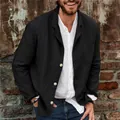 Detail view of a black men's cotton linen casual blazer with single-breasted buttons - M / Tops / Black