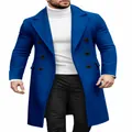 Professional men's royal blue double-breasted wool overcoat paired with white turtleneck - Blue