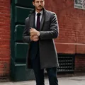 Classic charcoal grey mid-length wool overcoat for men in a professional urban setting - M / Tops / Black