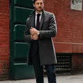Classic charcoal grey mid-length wool overcoat for men in a professional urban setting - M / Tops / Black