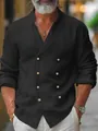 Chemise en lin noire pour homme, boutonnage croisé, col officier, manches longues, décontractée - Noir