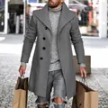 Men's mid-length wool trench coat with large lapel and single-breasted buttons. - S / Tops / Gray
