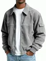 Detailed view of a grey men's corduroy jacket featuring a front zipper and lapel collar - S / Tops / Gray