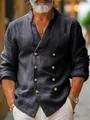 Men's long-sleeve cotton linen shirt with double-breasted buttons and stand collar. - S / Tops / Dark Gray