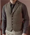 Classic men's herringbone tweed vest with single-breasted buttons in olive brown - S / Tops / Khaki