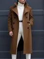 Detail showing the brown woolen fabric of a slim fit double-breasted trench coat for men - Coffee