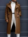 Detail showing the brown woolen fabric of a slim fit double-breasted trench coat for men - Coffee