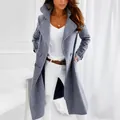 Long blue gray woolen coat for women featuring a stylish lapel and casual fit. - M / Tops / Grey Blue