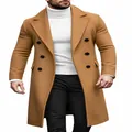 Detail of a men's camel double-breasted mid-length wool coat in British business style. - Khaki