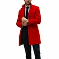Detailed visual of a bright red British style mid-length wool overcoat for elegant men - M / Tops / Red