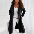 Front view of a stylish women's dark grey mid-length woolen coat for autumn and winter. - M / Tops / Black