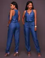 Front and back view of a blue denim sleeveless jumpsuit with drawstring waist and zipper neck - XS / Top And Bottom / Lake Blue