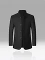 Elegant black men's winter mid-length wool coat with stand collar and padded lining - S / Tops / Black
