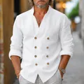 Chemise homme blanche de qualité à double boutonnage en coton et lin avec col officier - S / Hauts / Blanc