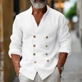 Premium white men's double-breasted cotton linen shirt with elegant stand collar - S / Tops / White