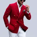 Men's slim fit red double-breasted blazer with elegant gold buttons for formal events - S / Tops / Red
