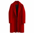 Detalle de vista frontal de un abrigo de lana rojo vibrante de gran tamaño para mujer - Rojo