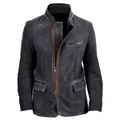 Vintage dark grey stand collar jacket with brown leather trim detailing - S / Tops / Gray