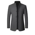 Men's premium dark gray mid-length woolen overcoat with warm quilted lining and stand collar - S / Tops / Gray