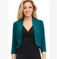 Elegant teal green women's short bolero shrug jacket detail with 3/4 sleeves design - Green