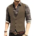 Classic brown herringbone patterned V-neck men's waistcoat with button-front closure design - XS / Tops / Khaki