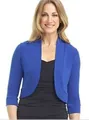 Royal blue women's open-front cropped shrug cardigan with 3/4 sleeves detail view - Sapphire Blue