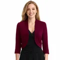 Elegant burgundy cropped bolero shrug with three-quarter sleeves for women - Burgundy