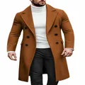 Stylish men's double-breasted mid-length wool trench coat in an elegant tobacco brown - M / Tops / Caramel color