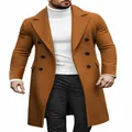 Stylish men's double-breasted mid-length wool trench coat in an elegant tobacco brown - M / Tops / Caramel color