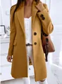 Stylish mustard yellow slim fit mid-length woolen coat for women with elegant lapel - S / Tops / Yellow