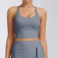 Detail view of dusty blue yoga sports bra with padded design and comfortable elastic fabric - S / Tops / Light Blue Grey