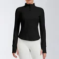 Front view of a slim-fit black yoga jacket with a stand collar and full zipper - S / Tops / Fashion Black