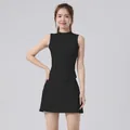 Woman wearing a black breathable high-waisted tennis skirt and sleeveless sports top set - S / Top And Bottom / Black