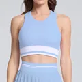 Close-up view of a light blue sports top with white stripes and matching pleated tennis skirt - L / Tops / Light Blue