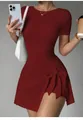 Close-up of burgundy short-sleeve fitness dress with stylish side bow detail - S / Top And Bottom / Red