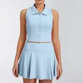 Detail of light blue breathable quick-dry sports set with polo top and pleated skirt. - S / Top And Bottom / Sky Blue