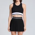 Breathable black tennis set with striped sports bra and high-waist pleated skirt - M / Top And Bottom / Black